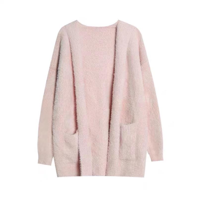 Milk fufu hooded imitation mink fleece sweater jacket women's autumn and winter medium and long loose lazy wind knitted cardigan women