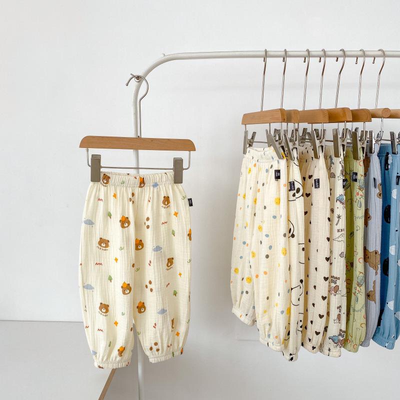 

2024 Детские летние легкие хлопково-льняные брюки от комаров в стиле кэжуал с универсальным дизайном «фонарик» с манжетами 140cm