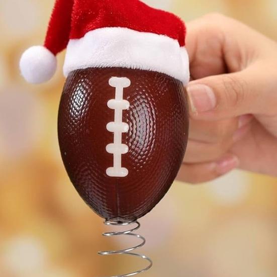 Rugby Christmas Tree Topper with Santa Hat Spring Base Bouncing Sports Ornament