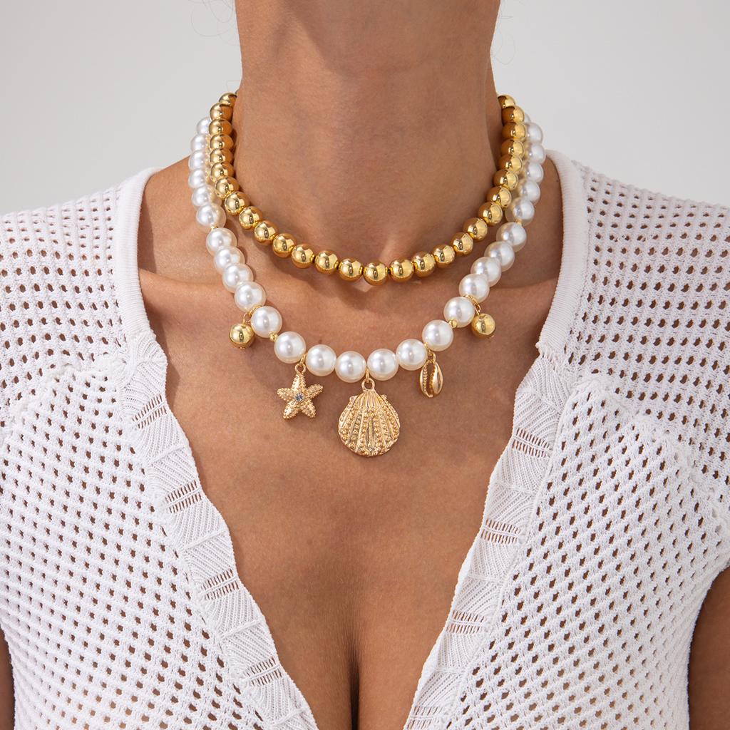 Ocean Wind Starfish Scallop Shell Necklace, Fashionable Imitation Pearl Ccb Beads Stacked Collarbone Chain