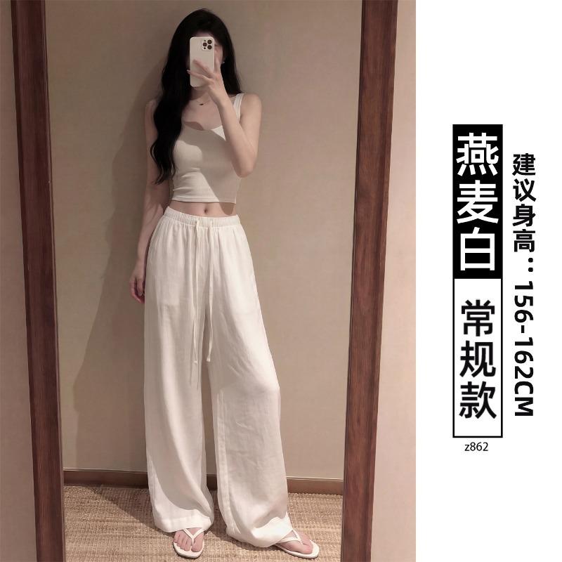 Women Linen Blend Wide Leg Pants High Waist Loose Summer Trousers