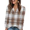 Women's Fashion V-Neck Button-Up T-Shirt With Check Print Long Sleeves