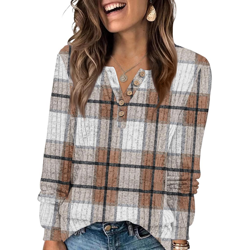 Women's Fashion V-Neck Button-Up T-Shirt With Check Print Long Sleeves