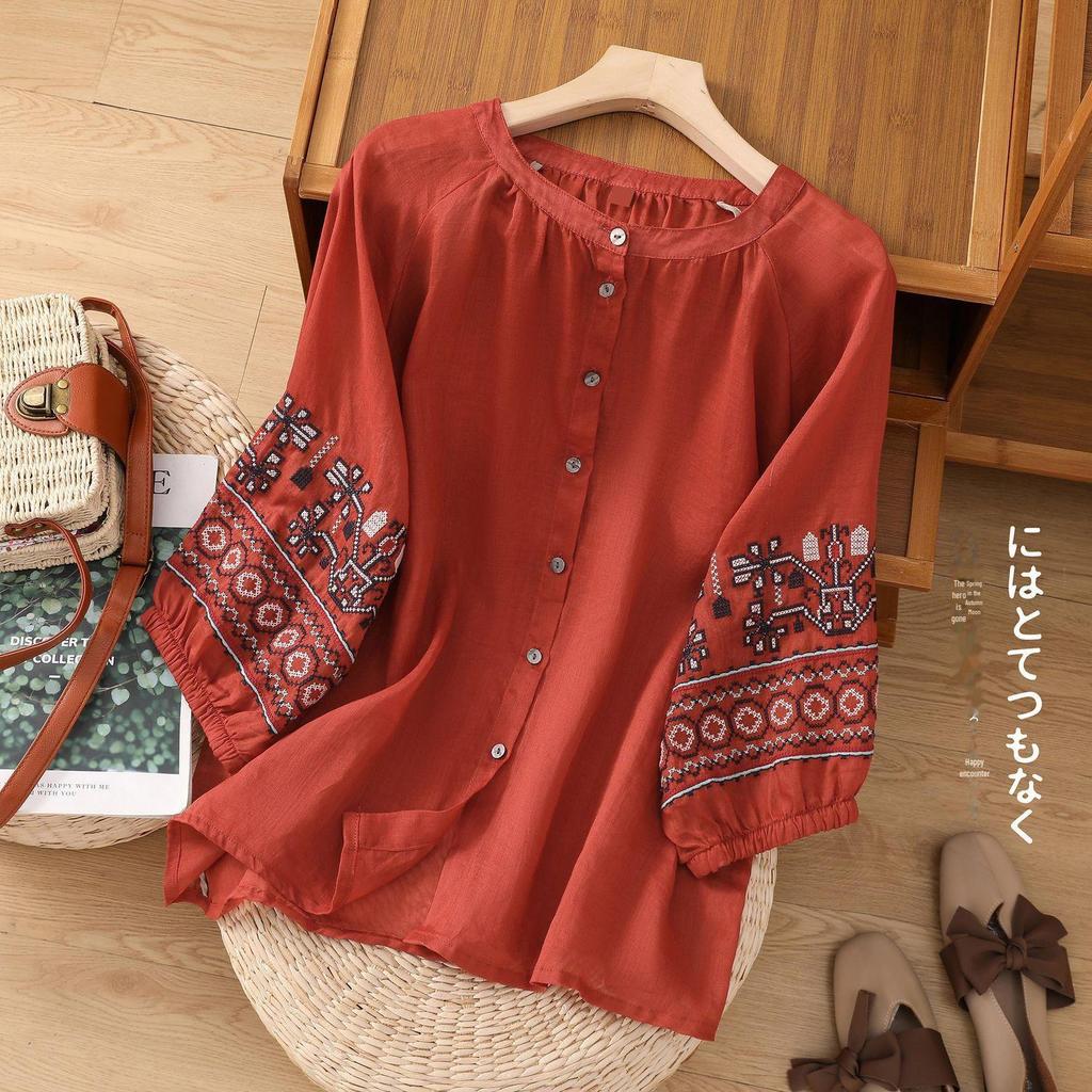 41 Retro Embroidered Lantern Sleeve Top - Women's Cotton & Linen Summer Shirt