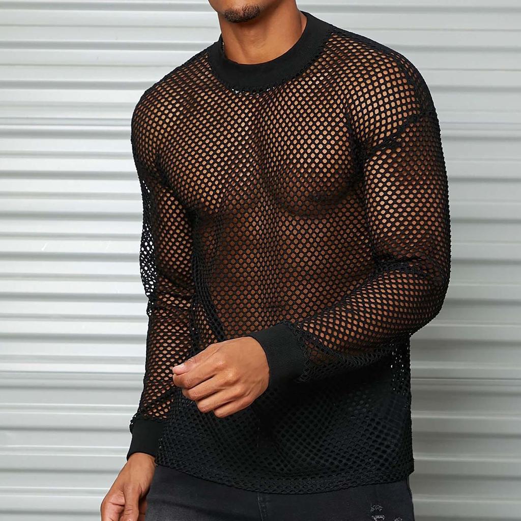 Camiseta de Manga Larga de Malla para Hombre con Hombro Caído, Fitness Transpirable Malla Malla Malla Camiseta de Bajo Hueco