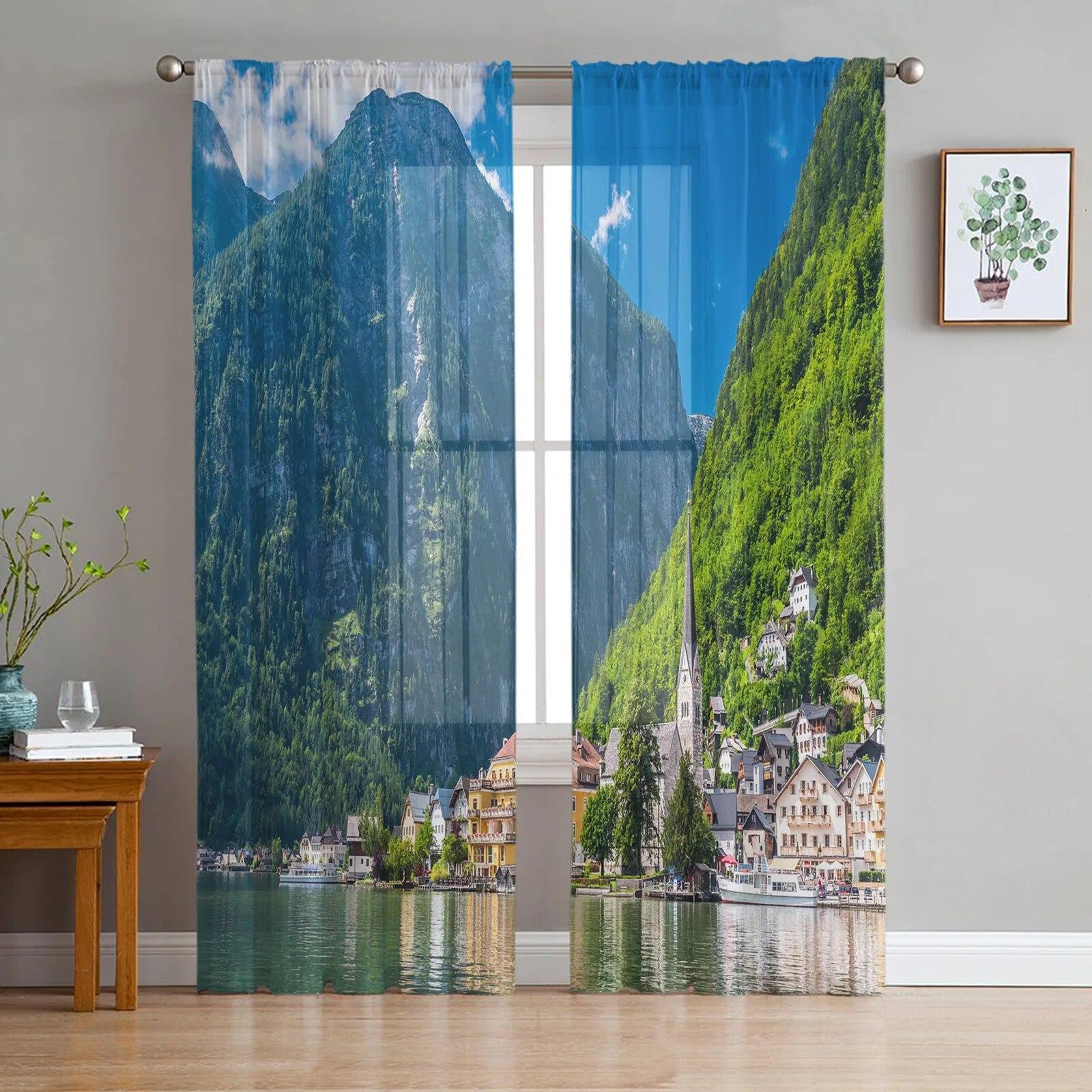 

Озеро, лес, пейзаж, горы, пейзаж, тюлевые шторы для гостиной, оконные прозрачные современные шторы для декора спальни 135W x 114H(cm)