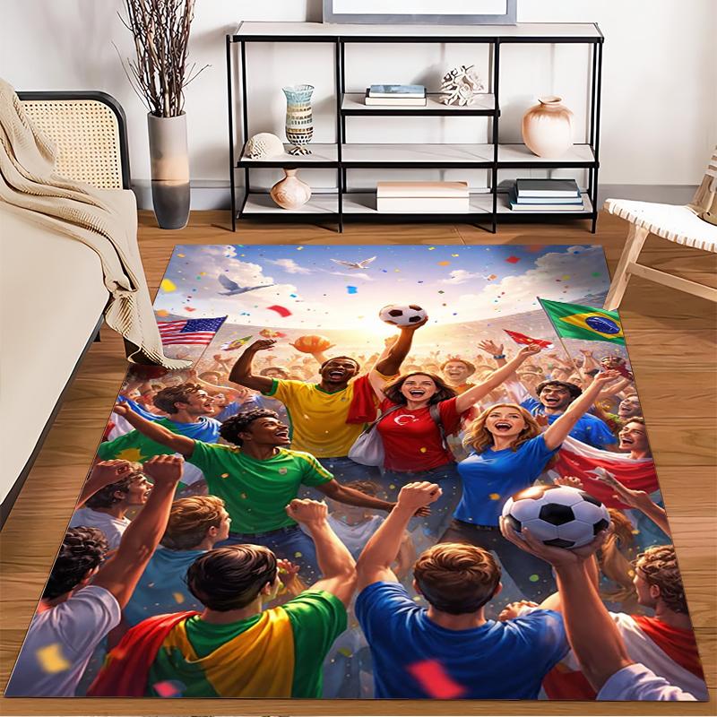Soccer Celebration Carpet with Diverse Fans and Flags Design Suitable for use as an anti-slip for living room bedroom sofas