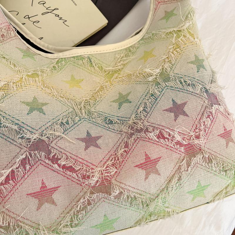 Star Print Frayed Denim Tote Bag Large Capacity Casual Shoulder Handbag for Women