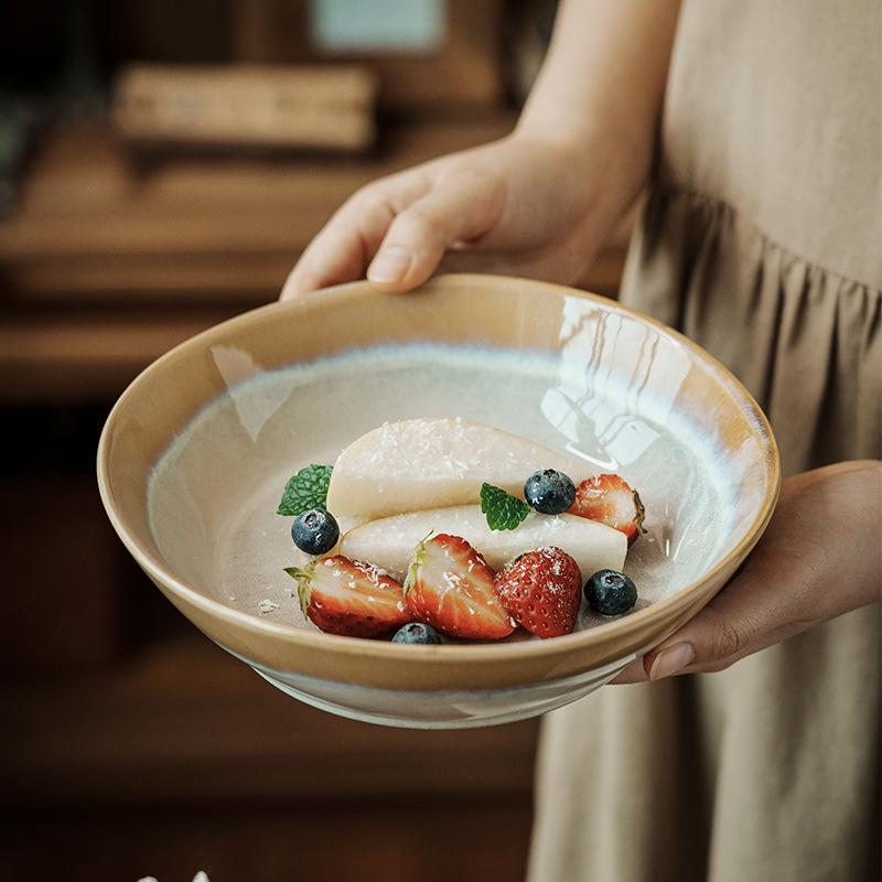 Retro Kiln Change Large Bowl Ceramic Open Bowl Creative Splicing Bowl Household Bowl Restaurant Vegetable Bowl Salad Bowl Noodle Bowl