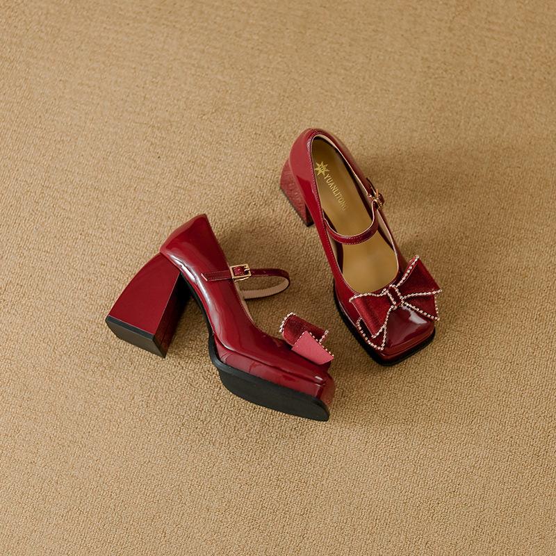 Xiaoxiangfeng High-heeled Mary Jane Shoes, Lace Bow Single Shoes, Autumn and Winter New Shallow-mouth Women's Shoes, Small People Increase In Height