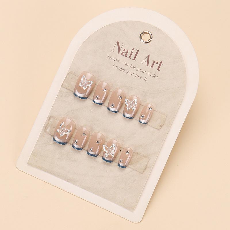 Xiaohongshu Handmade Butterfly-Design Cat Eye French Tip Press-On Nails, Lake Blue Short Style.