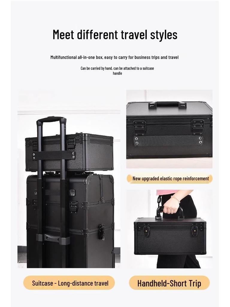 Portable Makeup Case with Mirror & Lights, Handheld Cosmetic Storage, Professional Makeup Artist's Hanging Suitcase.