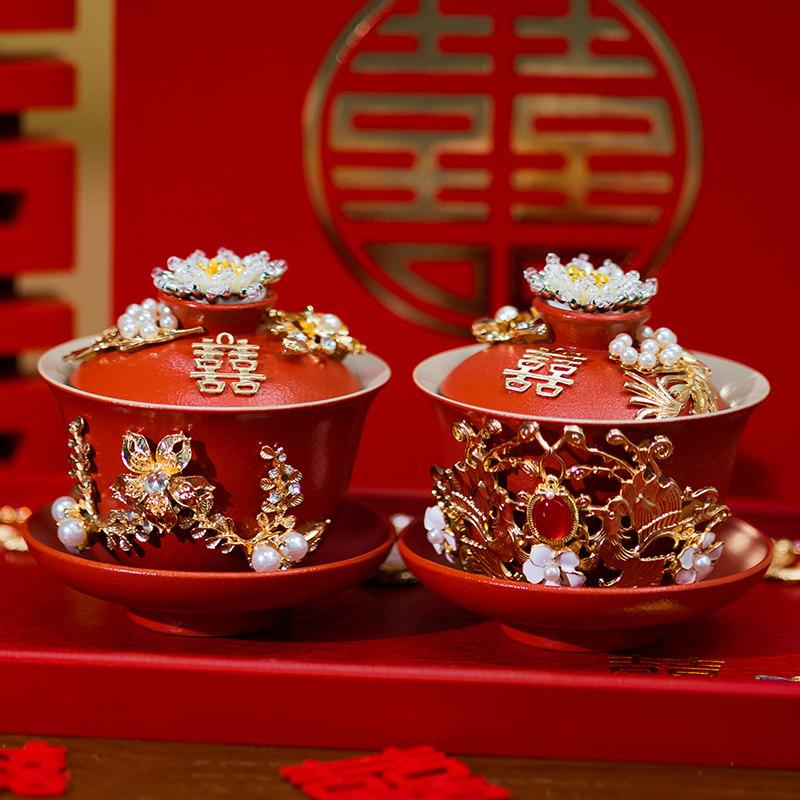 

BEPAN Chinese Wedding Tea Ceremony Cup Set Ceramic Teacup Set For Bride Groom Traditional Wedding Gift Home Tabletop Decoration