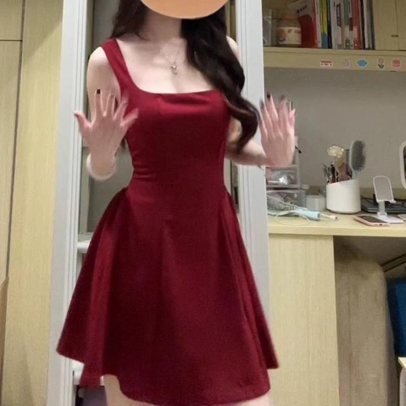 New Korean Atmosphere Red Suspender Dress Children Summer Small Temperament Spice Girl Waist Short Skirt