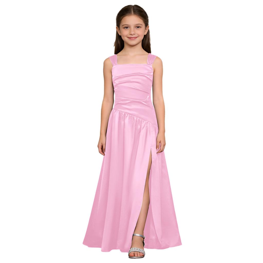 Robe de Soirée Satinée Fleurie pour Fille Sans Manches Corsage Froncé Taille Basse Asymétrique Robe Coupe A Ligne Fente Latérale pour Mariage Baptême