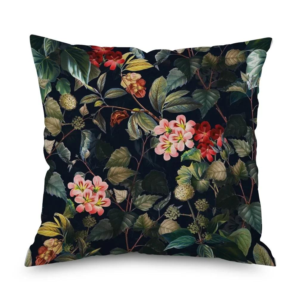 Vintage Floral Leinen Kissenbezug Schwarze Nacht Rose Kissenbezüge Dekorativ Interieur für Heimdeko Kissenhülle für Schlafzimmer 45x45