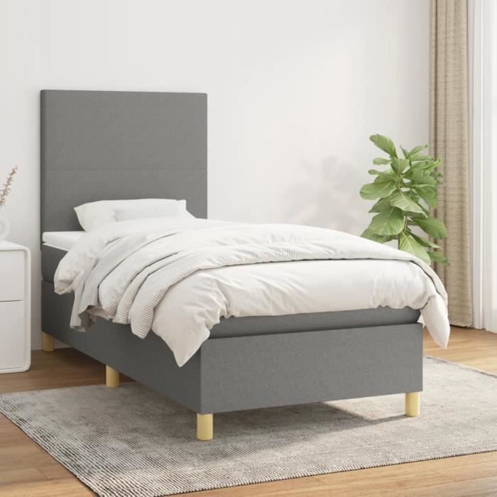 3142154 vidaXL Lit à sommier tapissier avec matelas Gris foncé 100x200cm Tissu