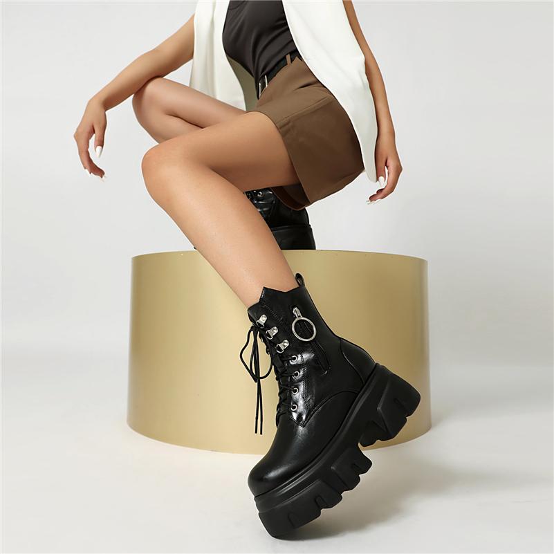 FOREADA Women Ankle Boots Round Toe Thick High Heels Platform Zipper Lace-up Short Boots Ladies Fashion Shoes Autumn Winter 44