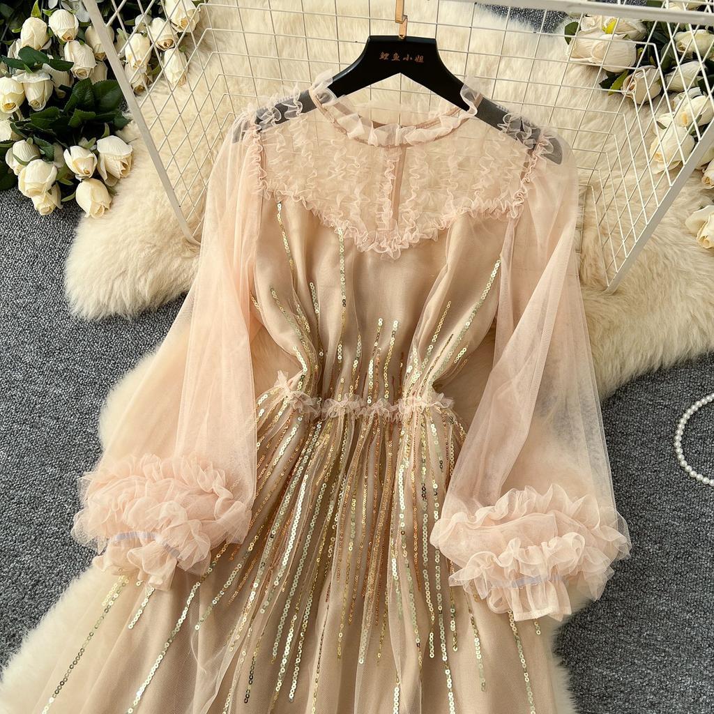 High-end Women's Dress 2025 Sequined Embroidered Three-dimensional Lace Mesh Long-sleeved Waist Dress Skirt