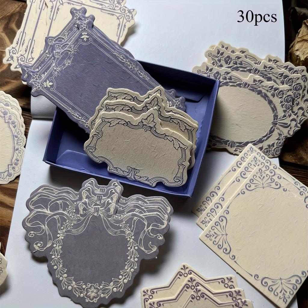 30pcs Vintage Boxed Sticky Notes Paper with Embossed Paper Thick Card Material Art Embossed Journaling Supplies Decorative Paper