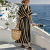 Maxi Abito Estivo da Donna a Righe Manica Corta Scollo a V Abito Svasato Casual per Vacanze al Mare Sottoveste Fluida a Linea A