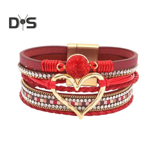 

Женский браслет, многослойный горный хрусталь, искусственная кожа, богемный стиль, плетеное сердце, легкие украшения на запястье, женский браслет, веревочный браслет красный