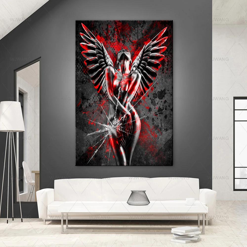 Red Sexy Nude Woman Canvas Print Sensual Angel Poster and Prints Abstract Wall Art Pictures Painting for Bedroom Room Home Decor