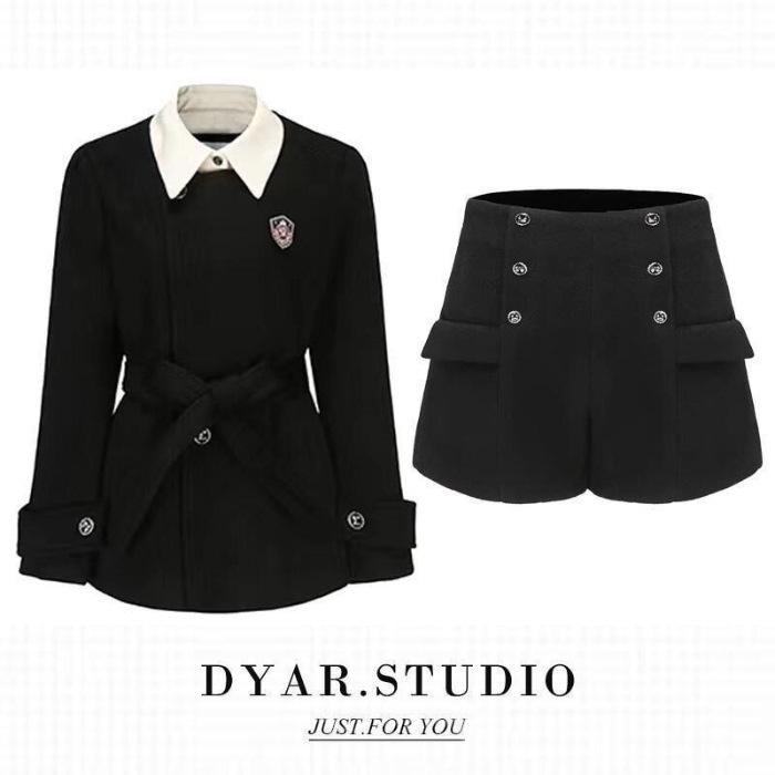 

Black Woolen Two-Piece Suit: College Style Waist-Cinching Outfit for Spring, Autumn & Winter XL