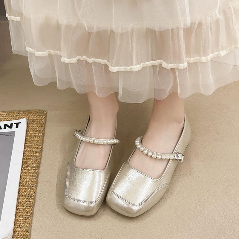 French pearl Mary Jane single shoes women's summer 2025 new soft-soled shallow mouth one-word buckle ballet shoes small leather shoes