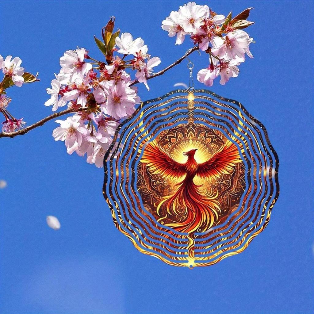 Phoenix Wind Chime Outdoor Indoor Decor Golden Red Feather Design Metal Hanging Ornament for Halloween Christmas Thanksgiving Holiday