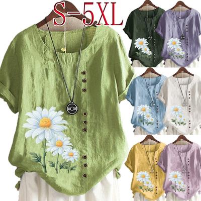 Camiseta feminina verão gola redonda manga curta casual algodão linho camisa gráfica lazer moda solta margarida estampada blusa tops plus size