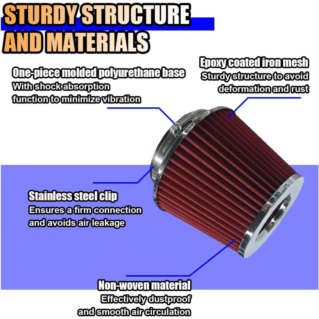 Clamp-On Air Intake Filter, High Flow Closed-Top Cool Air Filter Cleaner, 76 89 102MM Performance Round Tapered Cone Air Filters, Washable Replacement
