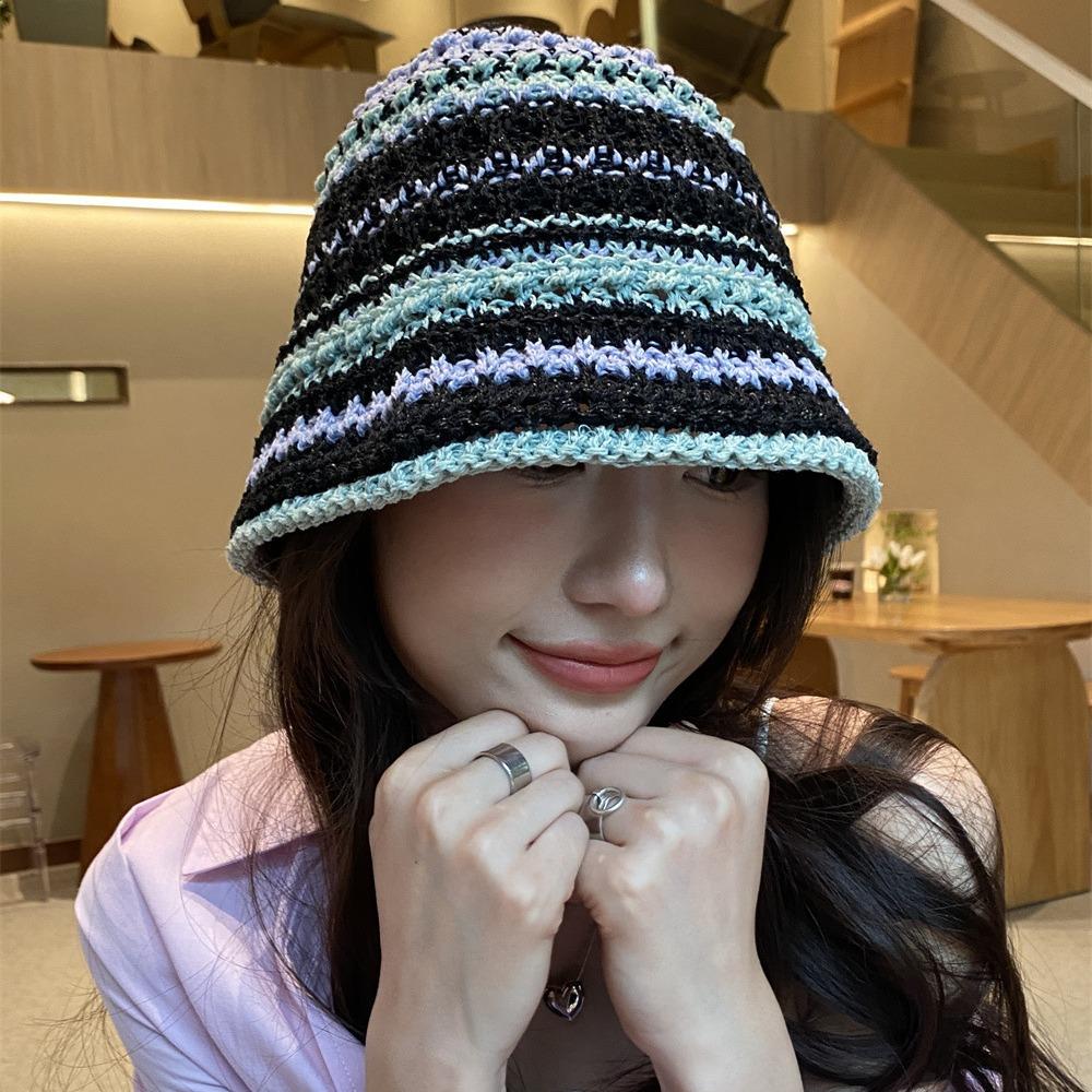 Spring and summer thin handmade knitted fisherman hat striped soft top basin hat versatile sun protection travel visor