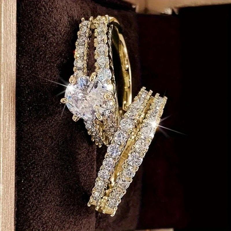 2item/A set of silver-plated rings inlaid with sparkling synthetic zirconium stones for engagement/Wedding ring, evening party decoration, luxurious
