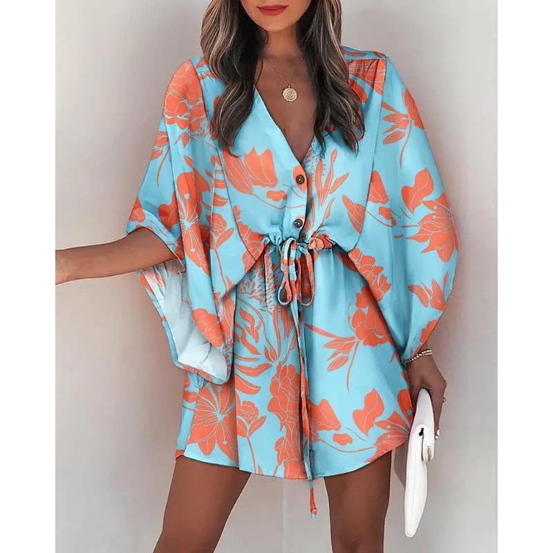 YYFS Women's Fashion Summer Spring Flower Pattern Print Short Sleeve V-Neck High Waist Casual Dresses
