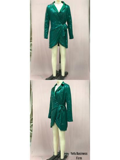 European & American Ladies' Fashionable Sequin Tie-Up Dress with Waist Cinch and Lapel 