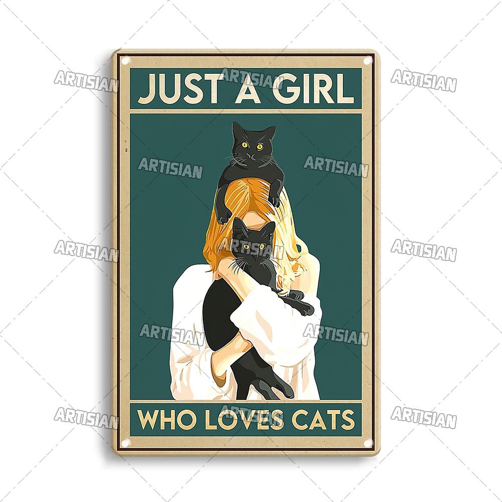 Artisian Halloween Metal Plaque Girl And Cat Tin Sign Black Cat Decorative Plate Wall Decor Garage Bar Pub Club Hotel Kitchen