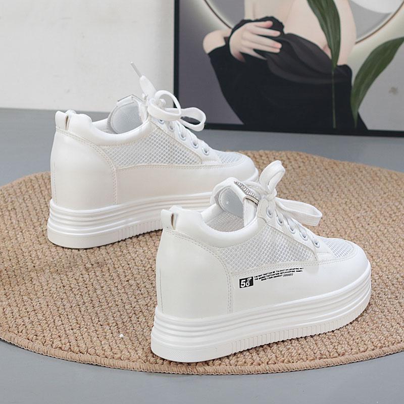 Fashion 7CM Genuine Leather Women Shoes White Skateboard Sneakers Platform Wedge Shoes Air Mesh Hollow Breathable