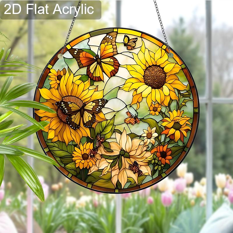 Acrylic Sunflower and Butterflies Suncatcher, Stained Glass Style Window Hanging Ornament for Nature and Garden Lovers