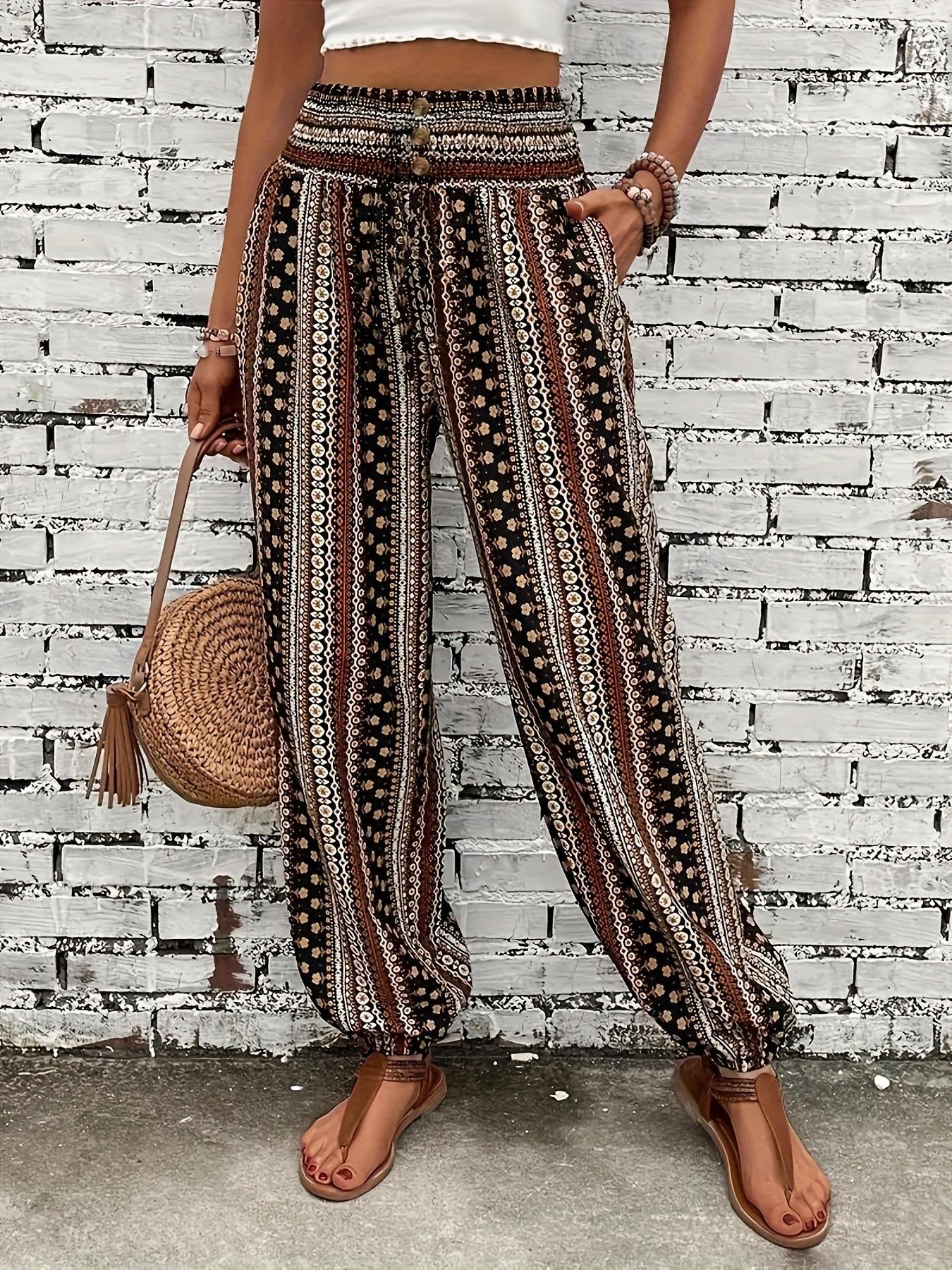European and American style loose and slimming Bohemian ethnic print with draped legging, elastic fit casual pants S