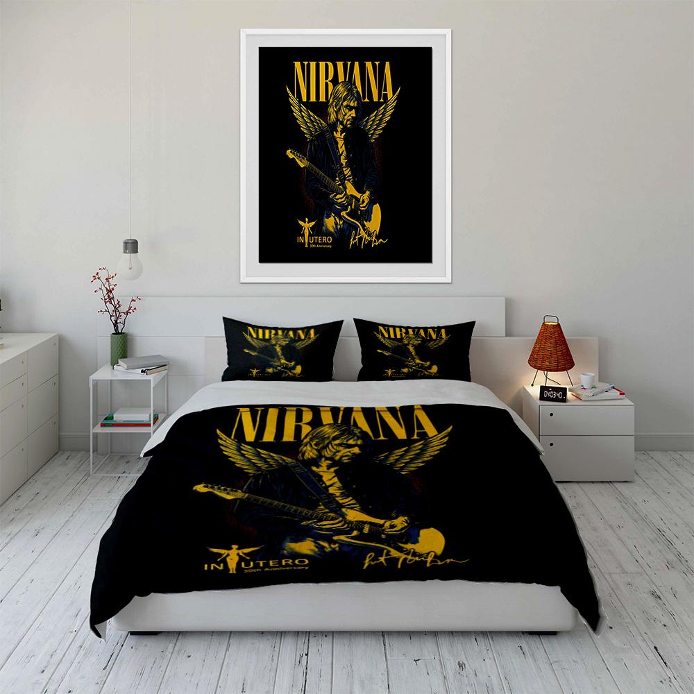 Nirvana Band Print Bedding Set Black Theme Bedding set (1 duvet cover, 2 pillowcases, duvet not included)