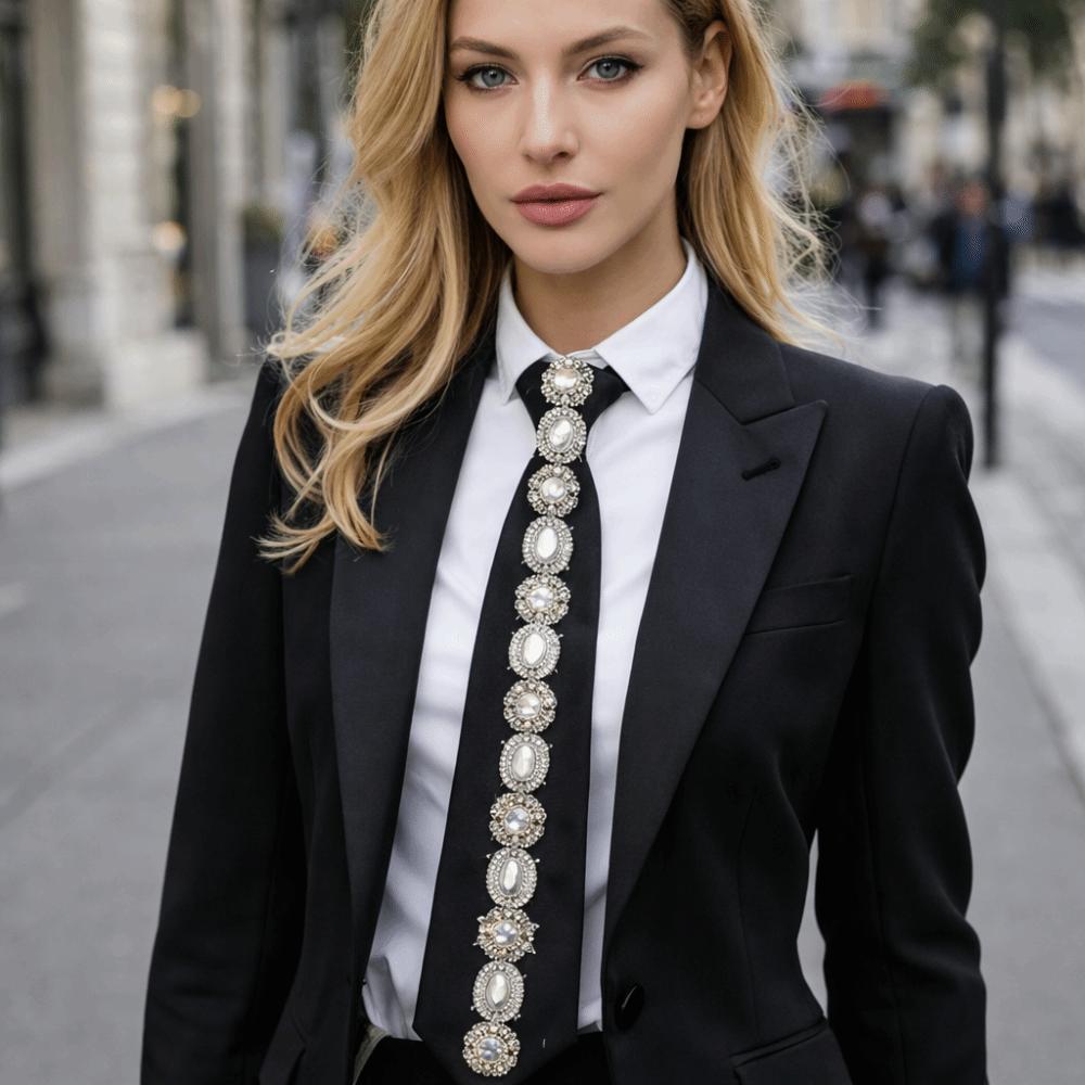 Black Rhinestones Tie Academic Style Decoration Shirt Tie Temperament Long Necktie  Students