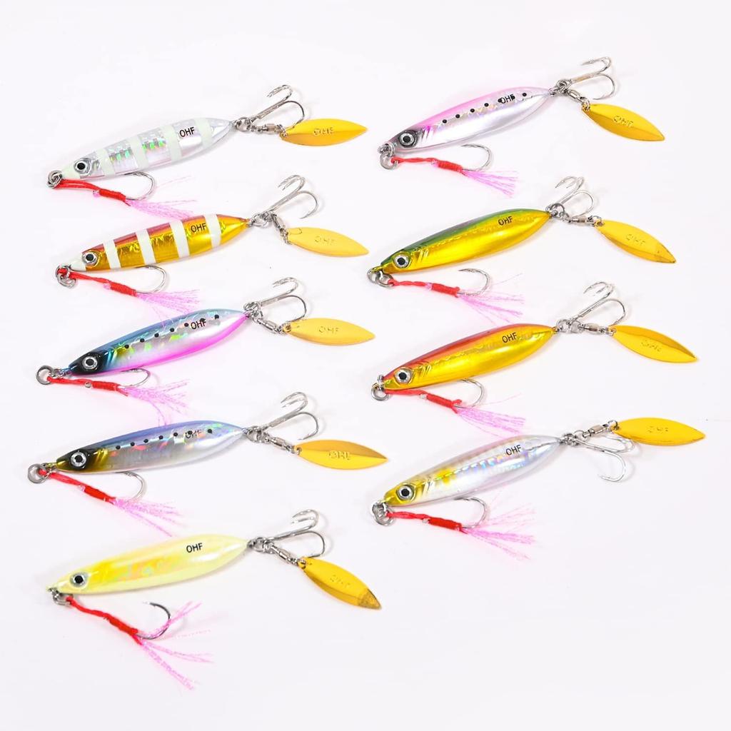 OHF Metal Jig Set 9 Pieces 20g 30g 40g Jigging Slow Jigging Assist Hook with Blade / / (40)