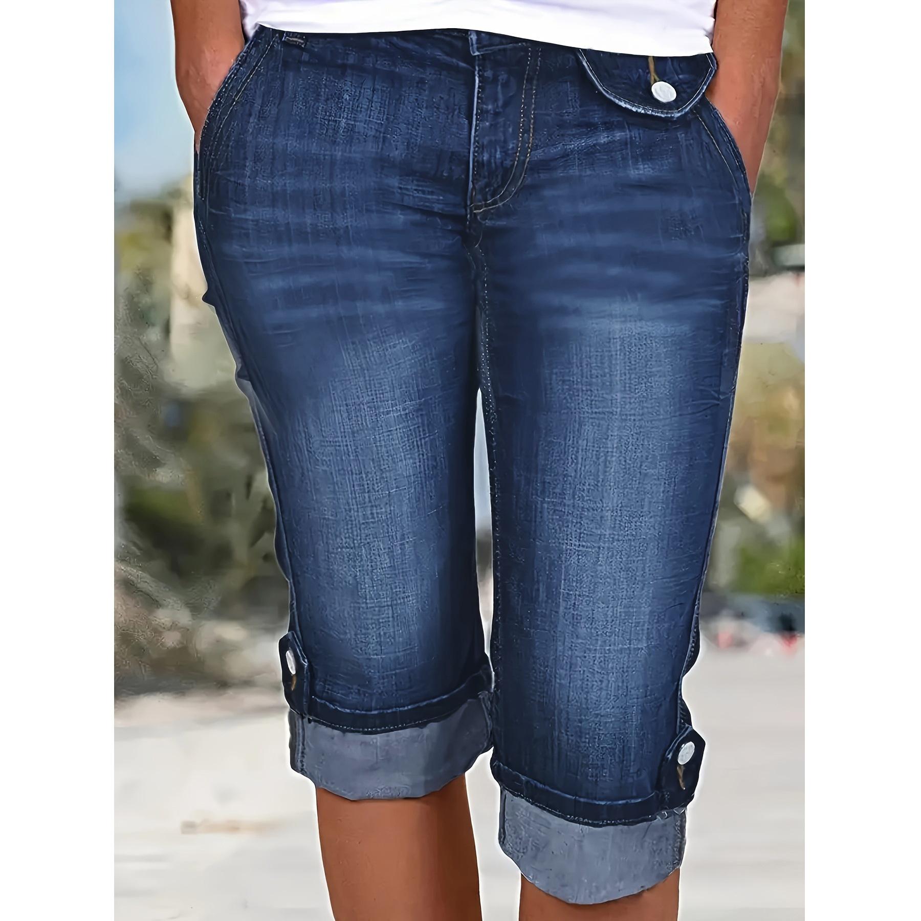 Women s Plus Size Elastic Slim Fit Cuffed Denim Bermuda Shorts 5XL темно-синий