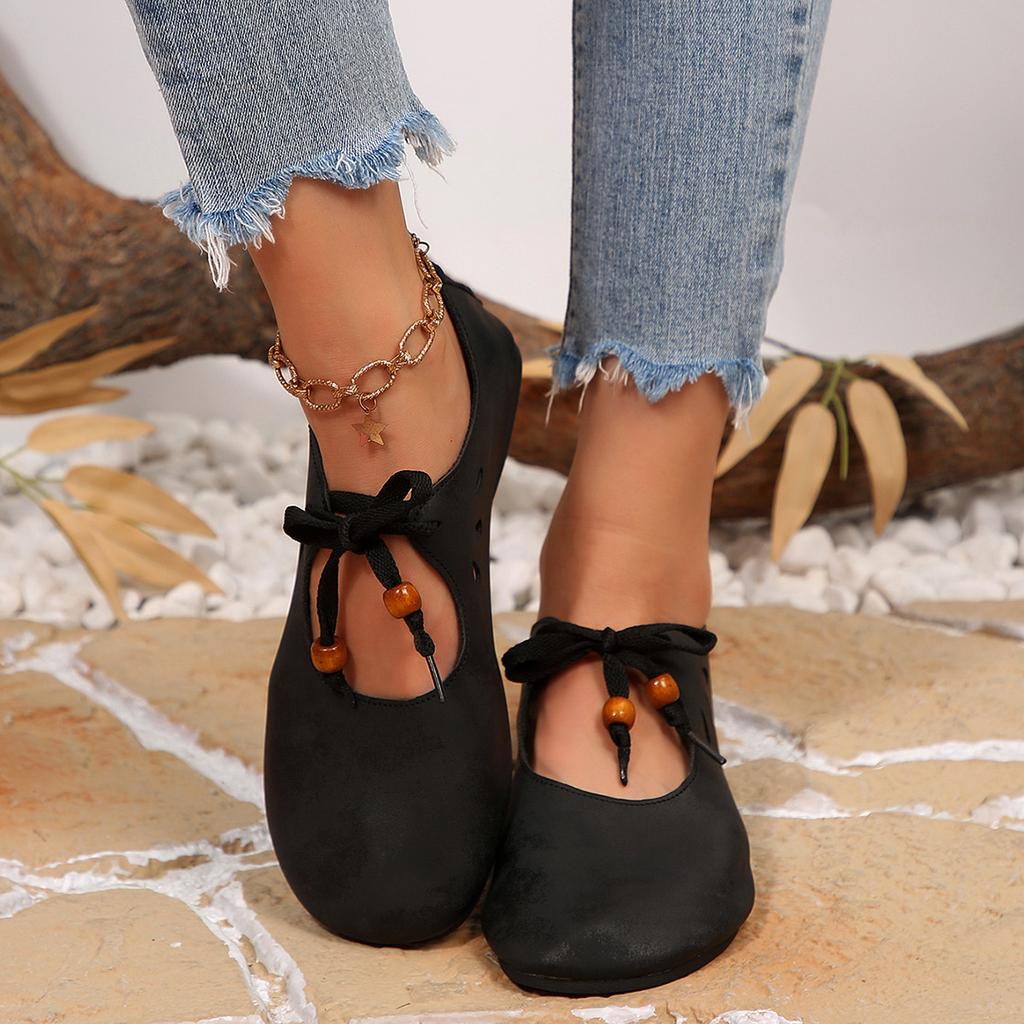 Spring and autumn new soft leather soft sole casual single shoes retro beaded straps hollow flat sole single shoes women