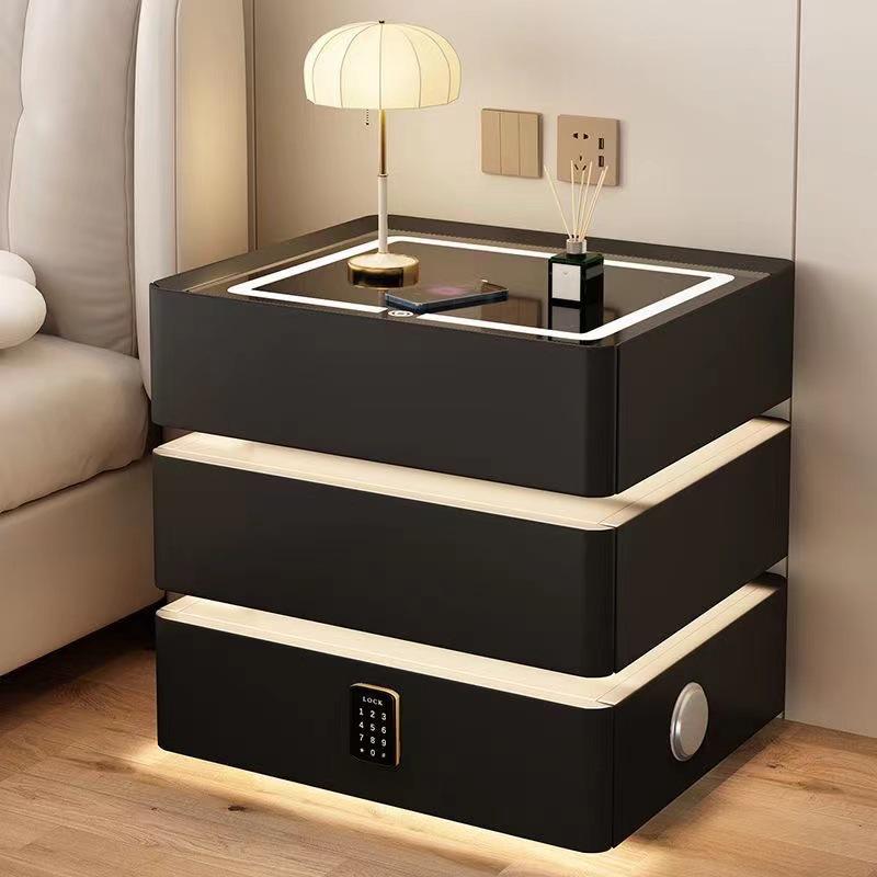 Solid Wood Floating Bedside Table with Wireless Charging & Three Drawers — Modern Light Luxury Bedroom Cabinet