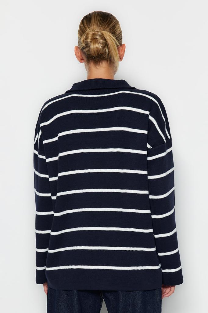 Damenmode Neuer Pullover Marineblau Weites Muster Gestreifte Strickwaren Pullover