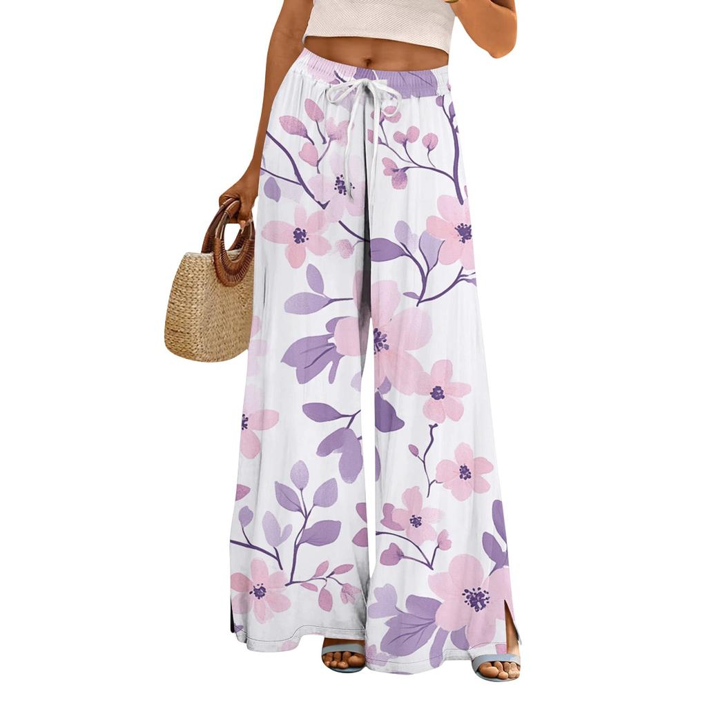 Dámské potištěné kalhoty s širokými nohavicemi s kapsami Vysoký pas Stahovací šňůrka Volné ležérní kalhoty