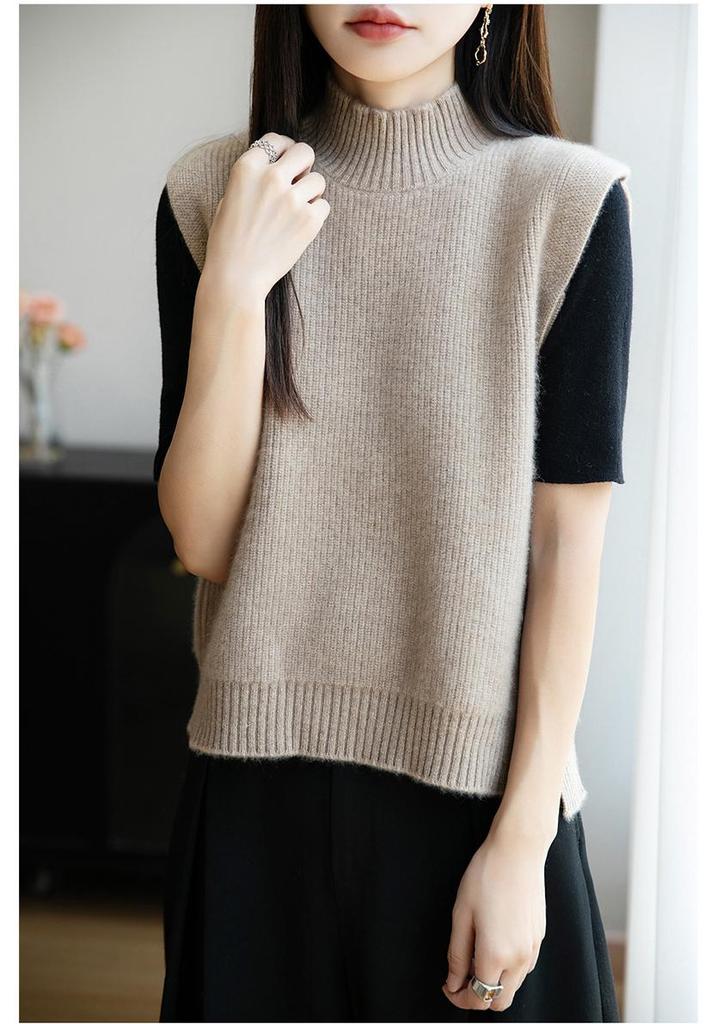 Women's 100% Pure Wool Sleeveless Knit Vest Shawl - Warm Autumn/Winter Layering Pullover with Half-High Collar