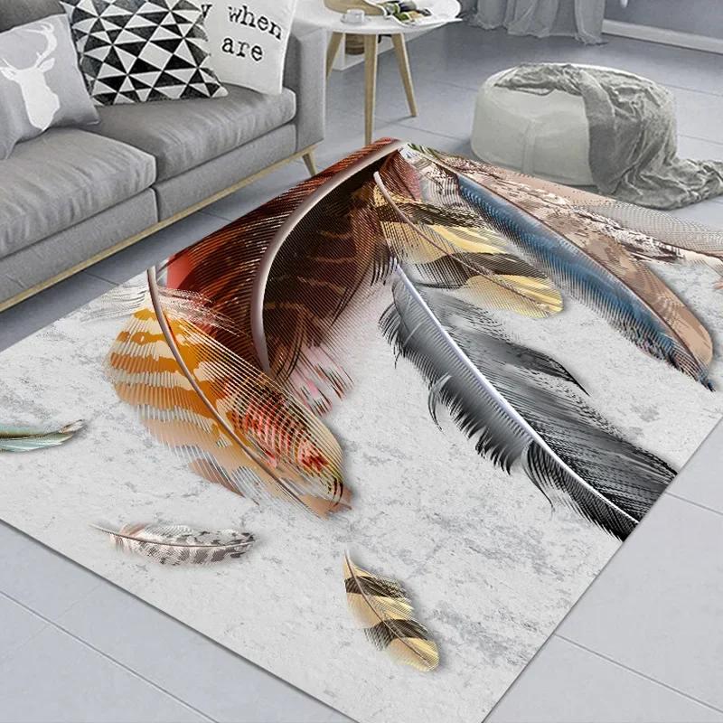 Feather Print Crystal Velvet Home Carpets for Living Room Decor Quality Wrapping Edge Rugs for Bedroom Dirt Tolerance Floor Mat